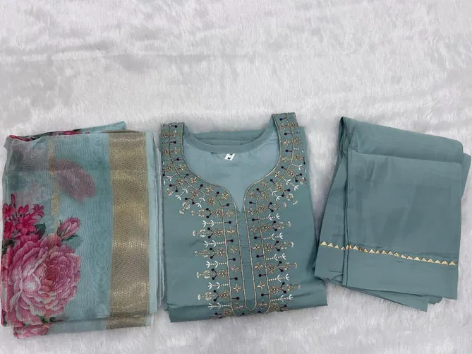 HR Viscose Roman Silk Embroidered Kurti Bottom With Dupatta Wholesale Online